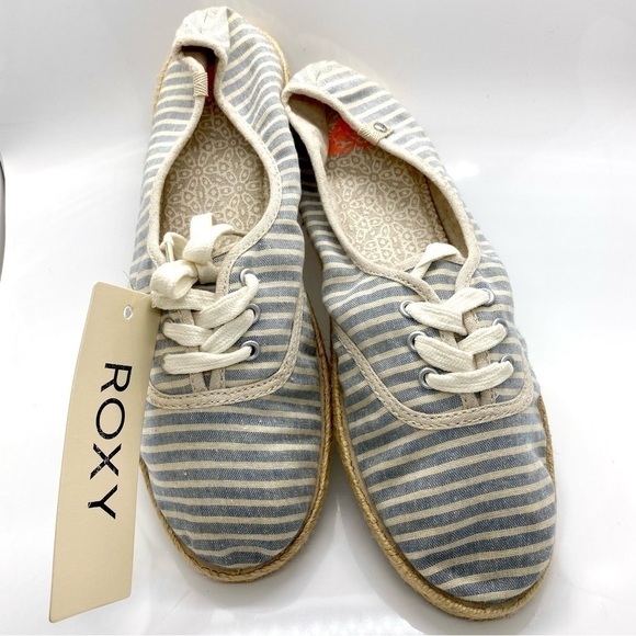 TAN and Blue Striped Nautical Lace Up Shoes Sneakers - Picture 1 of 5